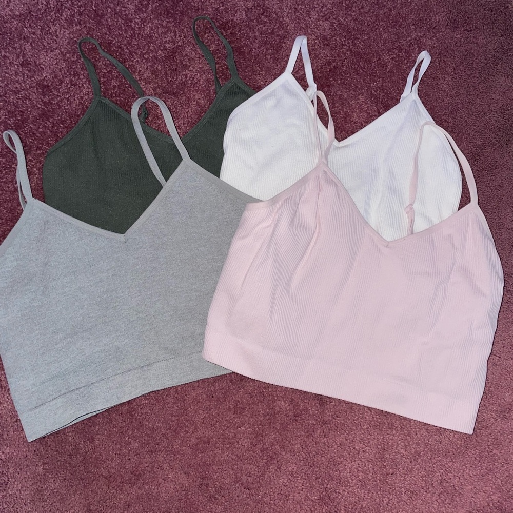 Set of Four Primark Camisole Tops in Pink, White, Gray, and Dark Green